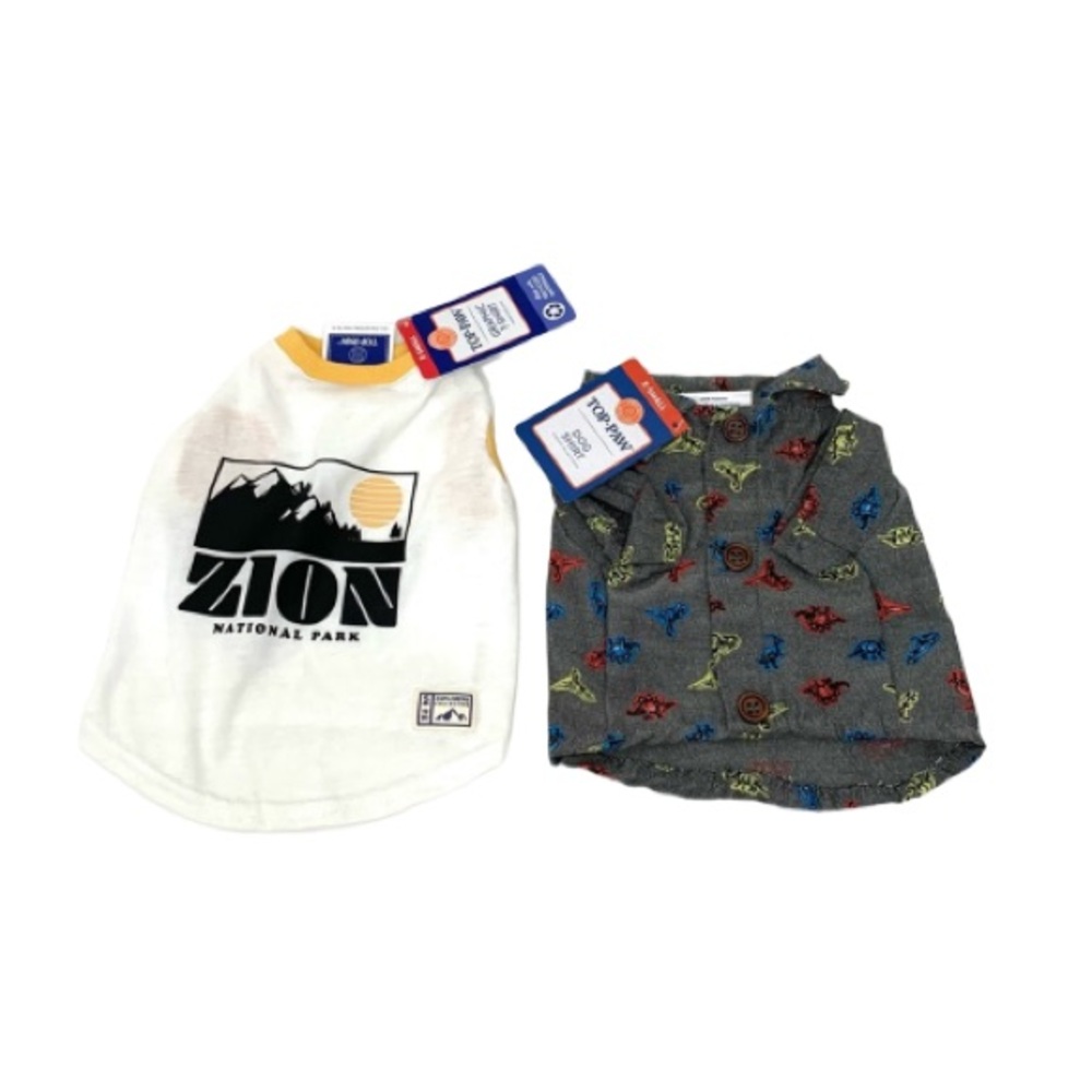 Top Paw Dog Shirt Set Of Two Zion National Park & Dinosaur All Over Print Nwt